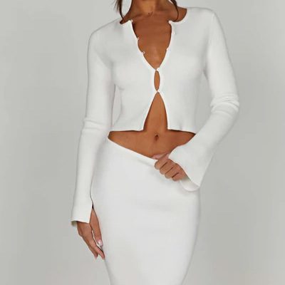Short Long Sleeve Cardigan Top Split Skirt Suit Women