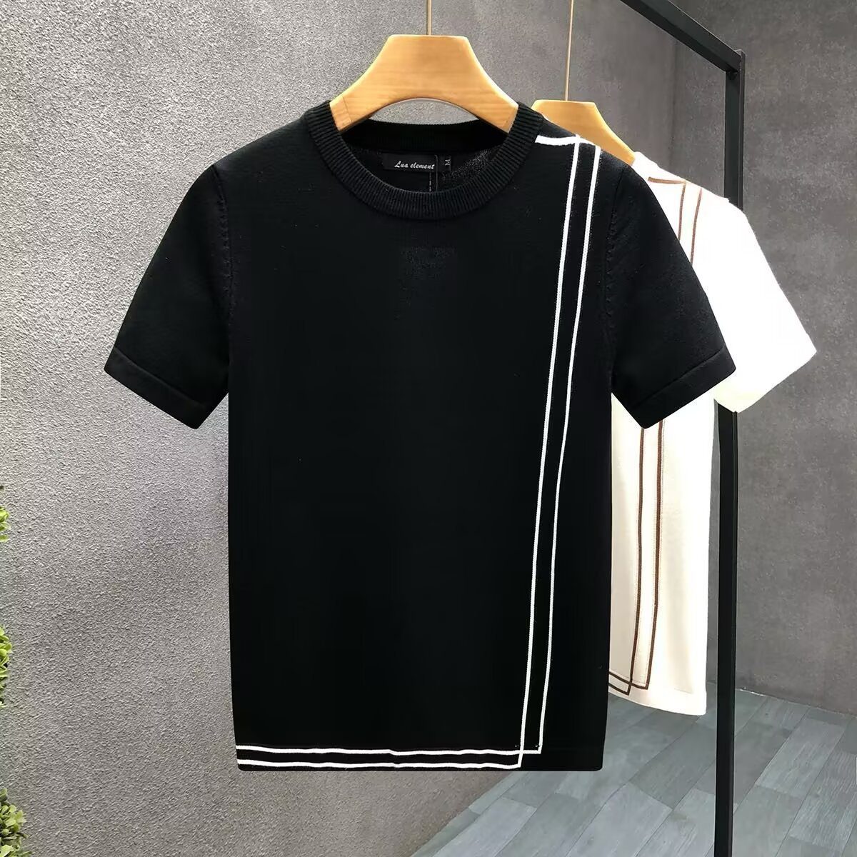 Striped Knitted Ice Silk Short Sleeve Men's Youth Slim Fit Summer High-end Retro T-shirt