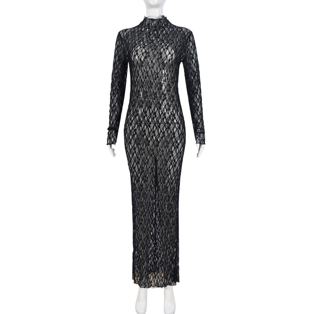 Sexy Long-sleeved Round-neck Lace Mesh See-through Dress