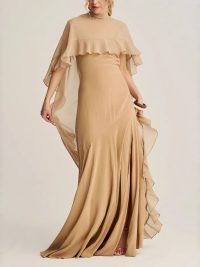 Elegant High-neck Ruffled Cape Gown With Graceful Evening Dress