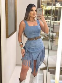 Women's Cotton Square Collar Sling Tassel Dress Without Belt