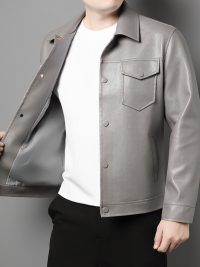 Men's Lapel Trend Lightweight Printed Leather Jacket