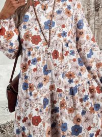 Khaki Cascading Floral Round-neck Ruffled Long-sleeve Dress