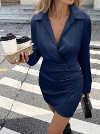 Long Sleeve Dress Fitted Waist Pleated Simplicity Short Skirt