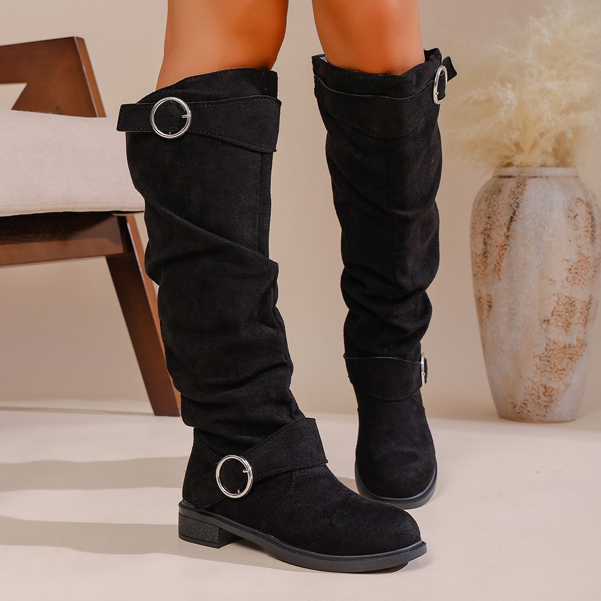 Pleated Flat-bottom Western Cowboy Boots For Women With Belt Buckle