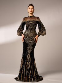 Long Sleeve Round Neck Sequins Mesh Fishtail Evening Dress
