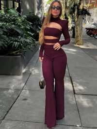 Long Sleeve Top Slim-fit Hollowed Out Flared Jumpsuit For Women