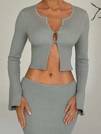 Short Long Sleeve Cardigan Top Split Skirt Suit Women