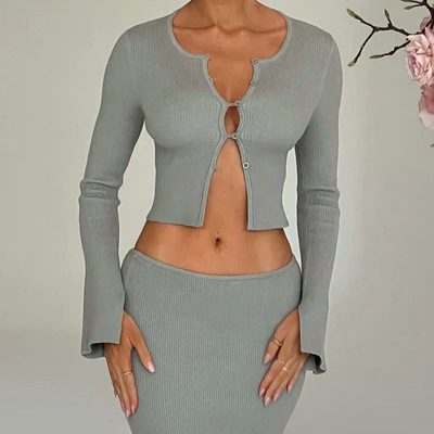 Short Long Sleeve Cardigan Top Split Skirt Suit Women
