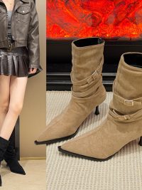 Fashionable And Versatile Pointed Toe Stiletto Heel Suede French Slim Ankle Boots