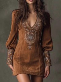 Women's Clothing Long Sleeve V-neck Sexy Dress Embroidery