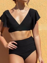 Pure Color Bikini Ruffled Amazon Sexy High Waist Split Ladies Ratio