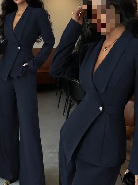 Women's 2-Piece Pants Suit, Long Sleeve Blazer & Straight Pant Casual Office Set