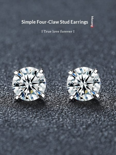 Classic Four Claw Moissanite Stud Simple And Stylish Sterling Silver GoldPlated Earrings