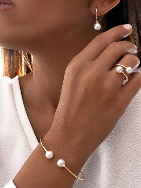 New Pearl Open Earrings Bracelet Ring Jewelry Set