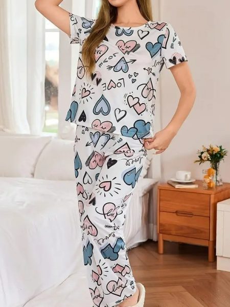 New Womens Printed Pajama Set With Short Sleeves And Long Pants