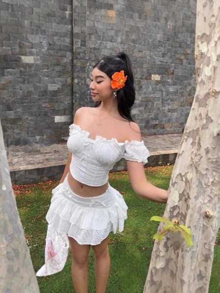 Womens Puff-Sleeve Top And Ruffle Hem Skirt Two-Piece Set