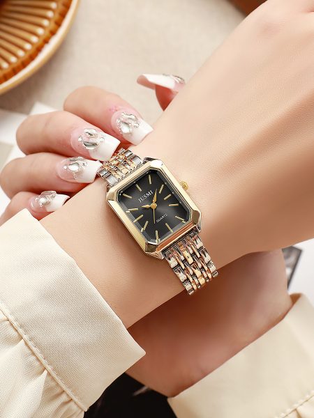 Square Meridian-Style Dial Fashionable Personalized Quartz Watch With Steel Band