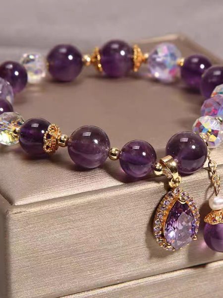 Ancient Style Natural Amethyst Five Leaf Flower Pendant Bracelet