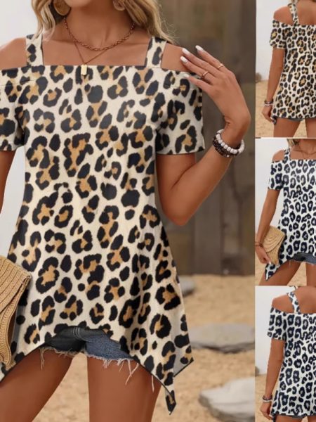 Women's Casual Leopard Print Off Shoulder Short Sleeve Top