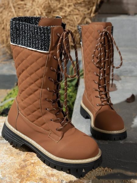 Check The Color-matched Front-lace-up Thick-heeled Martin Boots