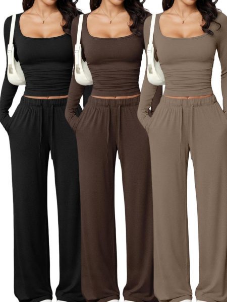 Womens Casual Pants And Square Neck Long Sleeve Cropped Top Set