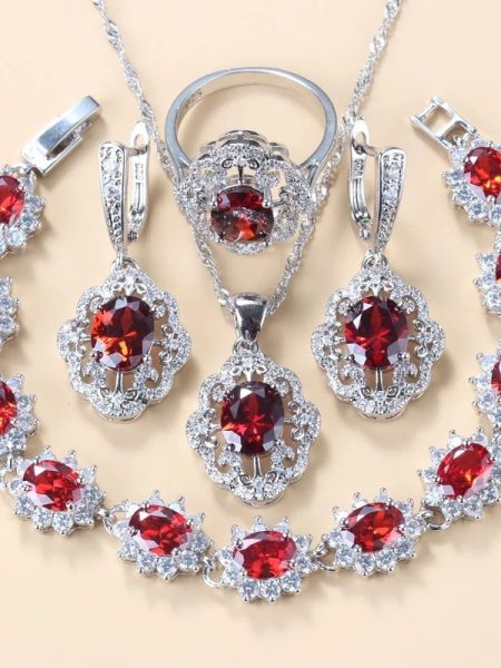 Garnet Cubic Zirconia Earrings Pendant Necklace Bracelet Ring Gift 4 PCs Set