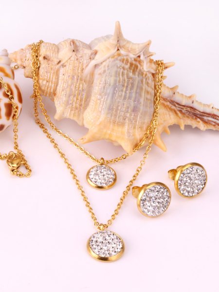 White Mud Pendant Double Chain Gold Stainless Steel Jewelry Set For Women