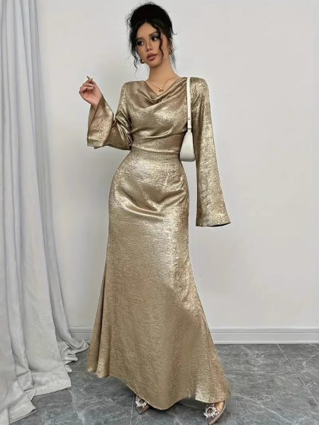 New Sexy Gold-dusted Evening Dress With Long Sleeves