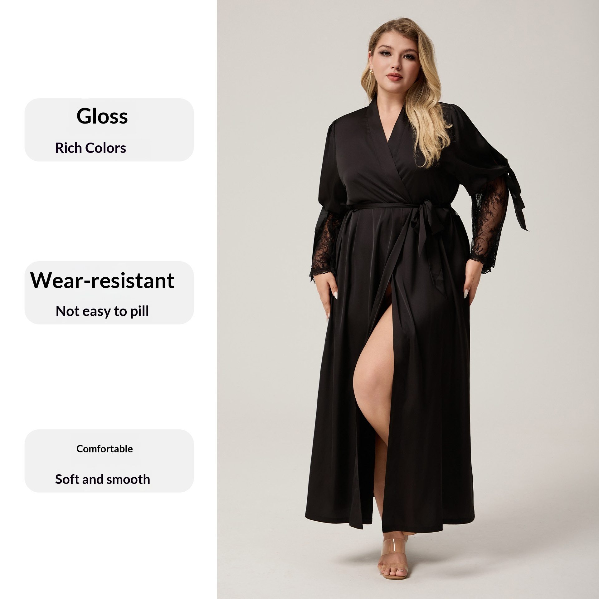 Lace-trimmed Long-sleeved Plus-size Loungewear Dress