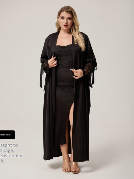 Lace-trimmed Long-sleeved Plus-size Loungewear Dress