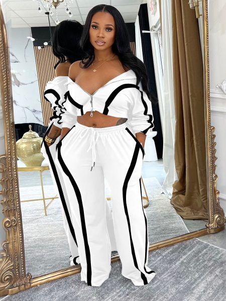 Contrast-color Long-sleeve Cardigan Sports-style Two-piece Set, Fashionable And Casual