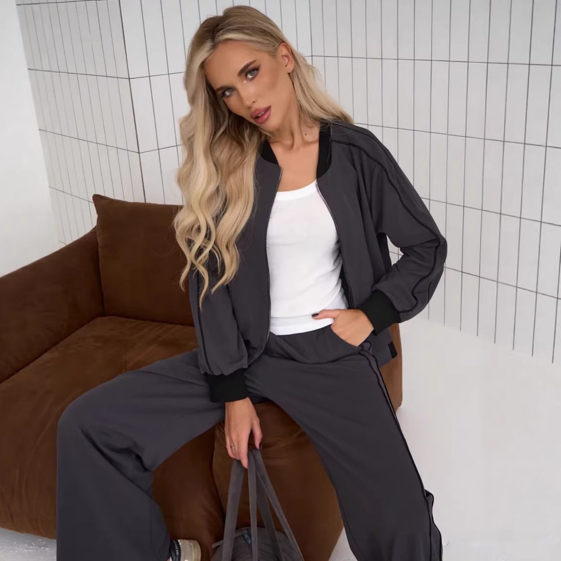 Buy Women's Clothing Online | Buy Trending Dresses for Women Two Piece Set Featuring A Color Blocked Cardigan With Zippers And Matching Pants