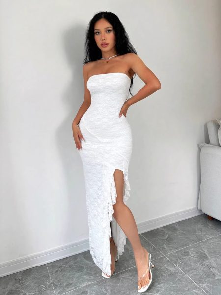 Elegant, Solid-color Strapless Slit Dress