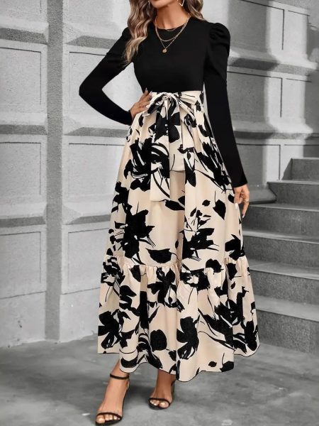 Womens Autumn Floral Print Crew-Neck Long-Sleeve Dress