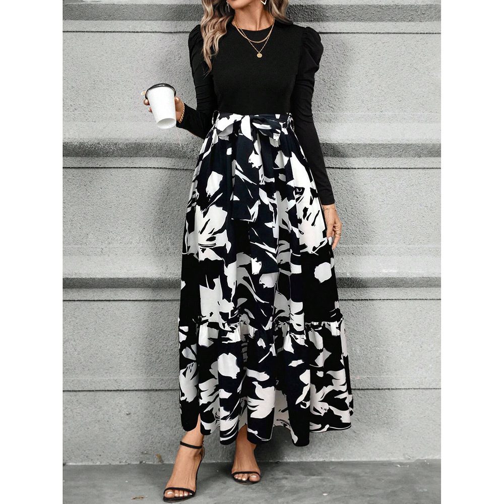 Womens Autumn Floral Print Crew-Neck Long-Sleeve Dress