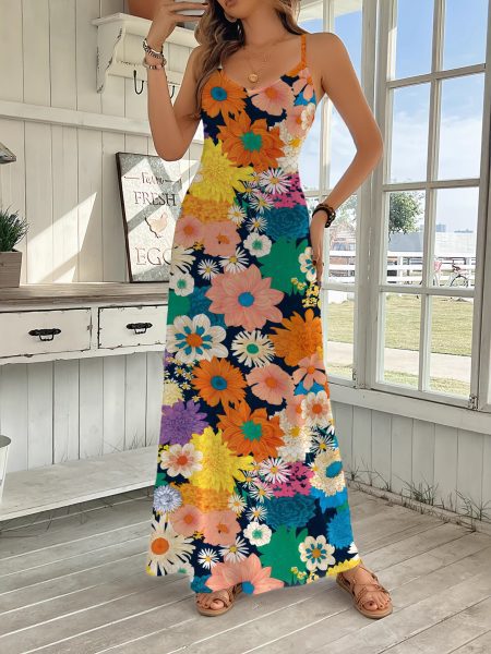 Womens Fashion Long Floral Slip Dress