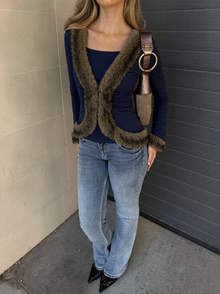 Solid-color Long-sleeve Plush Patchwork Top