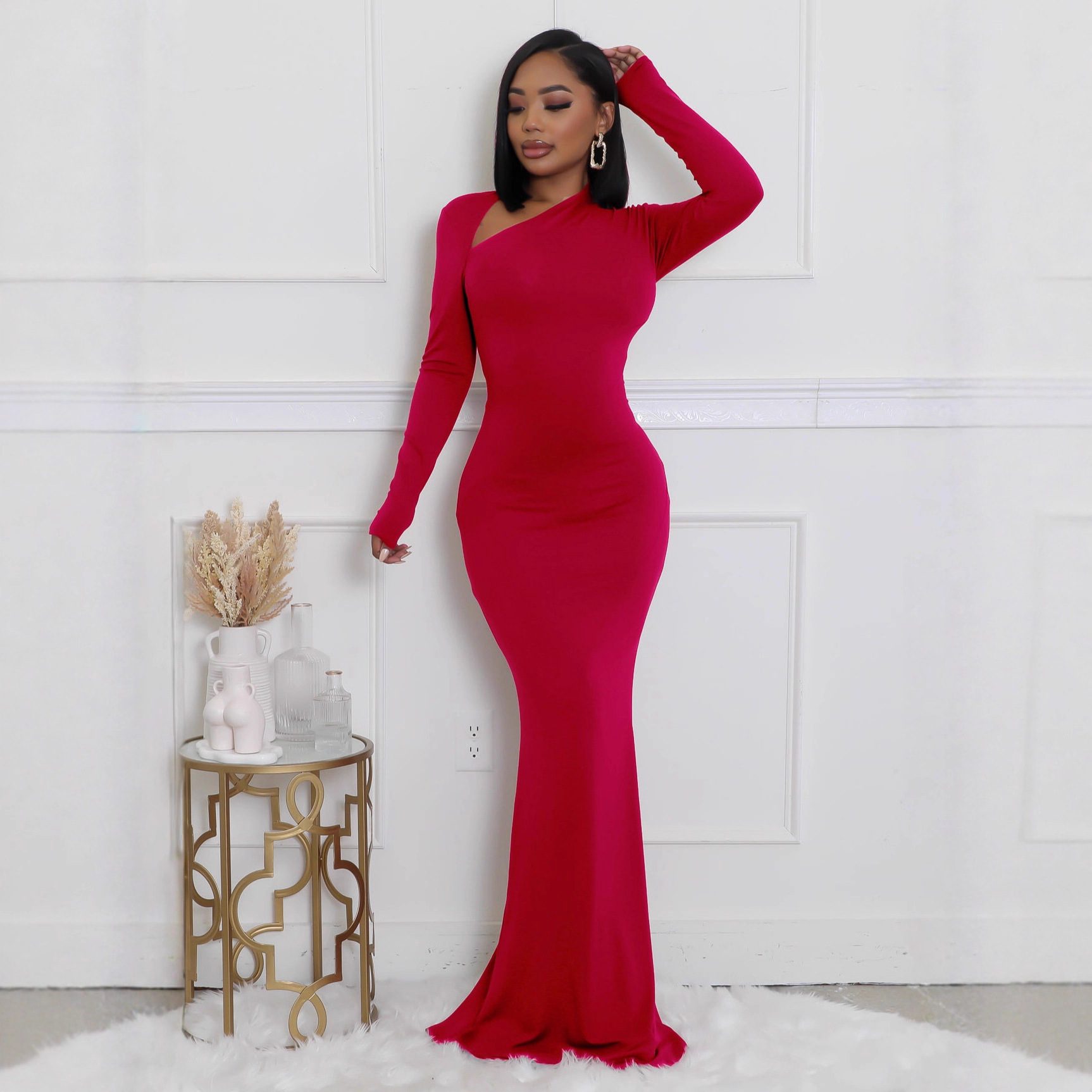 Womens Solid-Color Long-Sleeve Slim-Fit Dress