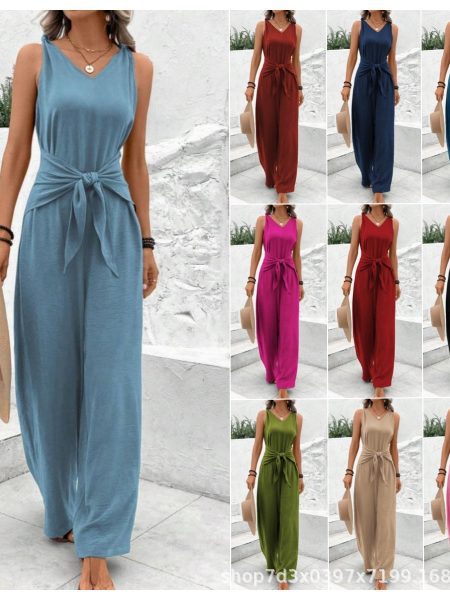 Womens V-neck Sleeveless Wide-leg Jumpsuit
