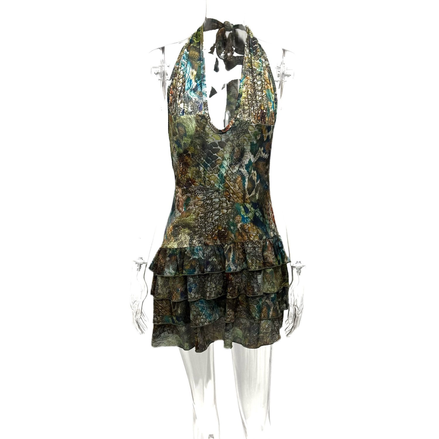 New Sleeveless Halter-neck Printed Pleated Dress