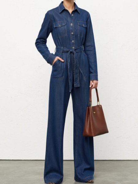 Denim Tie Long Sleeve Jumpsuit