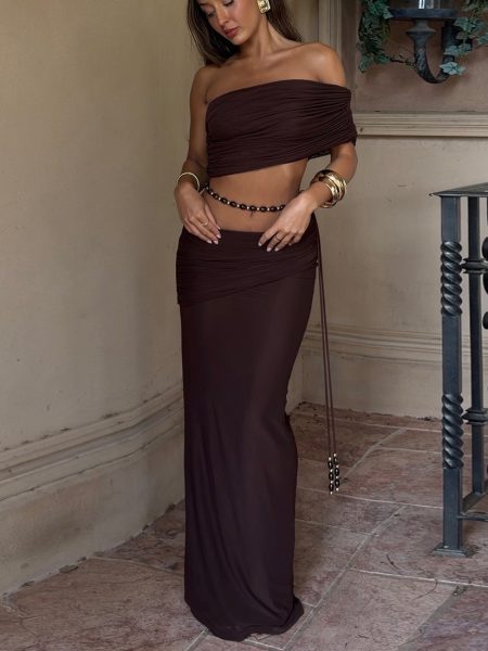 Sexy Pleated Midriff-Baring Tank Top And Skirt Set