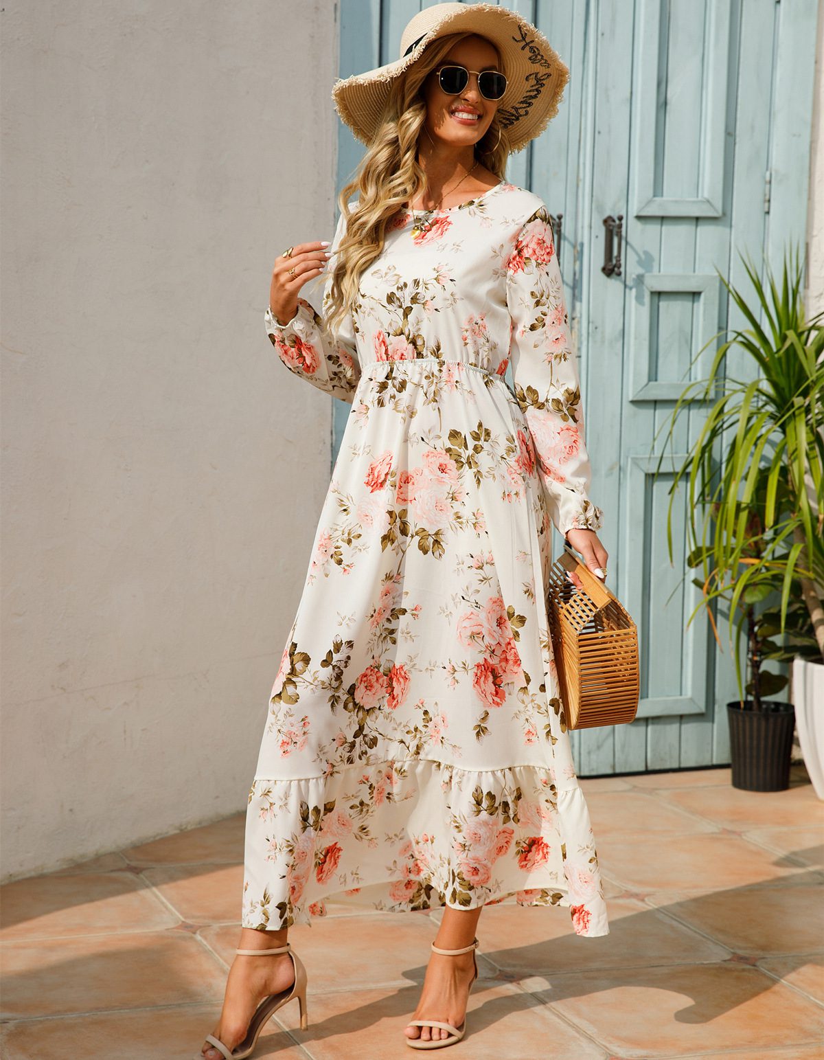 Womens Versatile Round-neck Floral Chiffon Dress