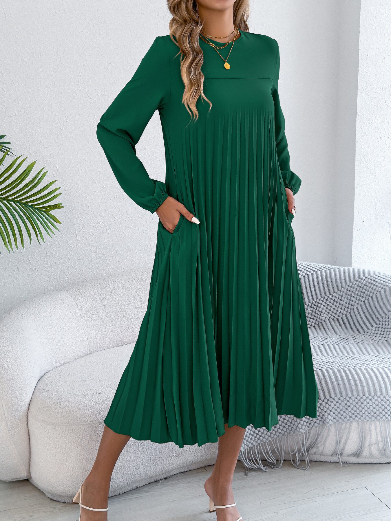 Solid-color V-neck Long-sleeve Split Dress