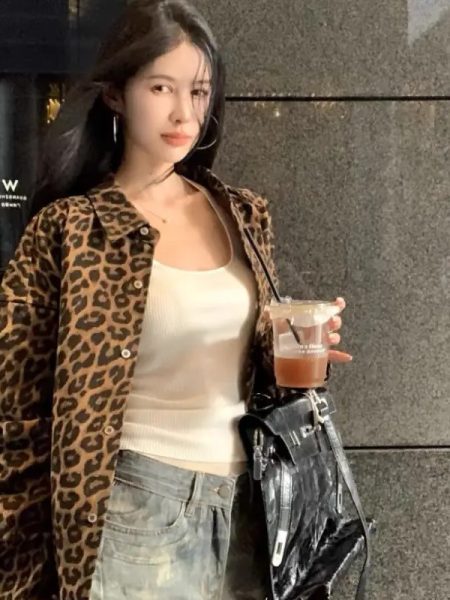 Womens Retro Leopard-Print Lapel Long-Sleeve Coat