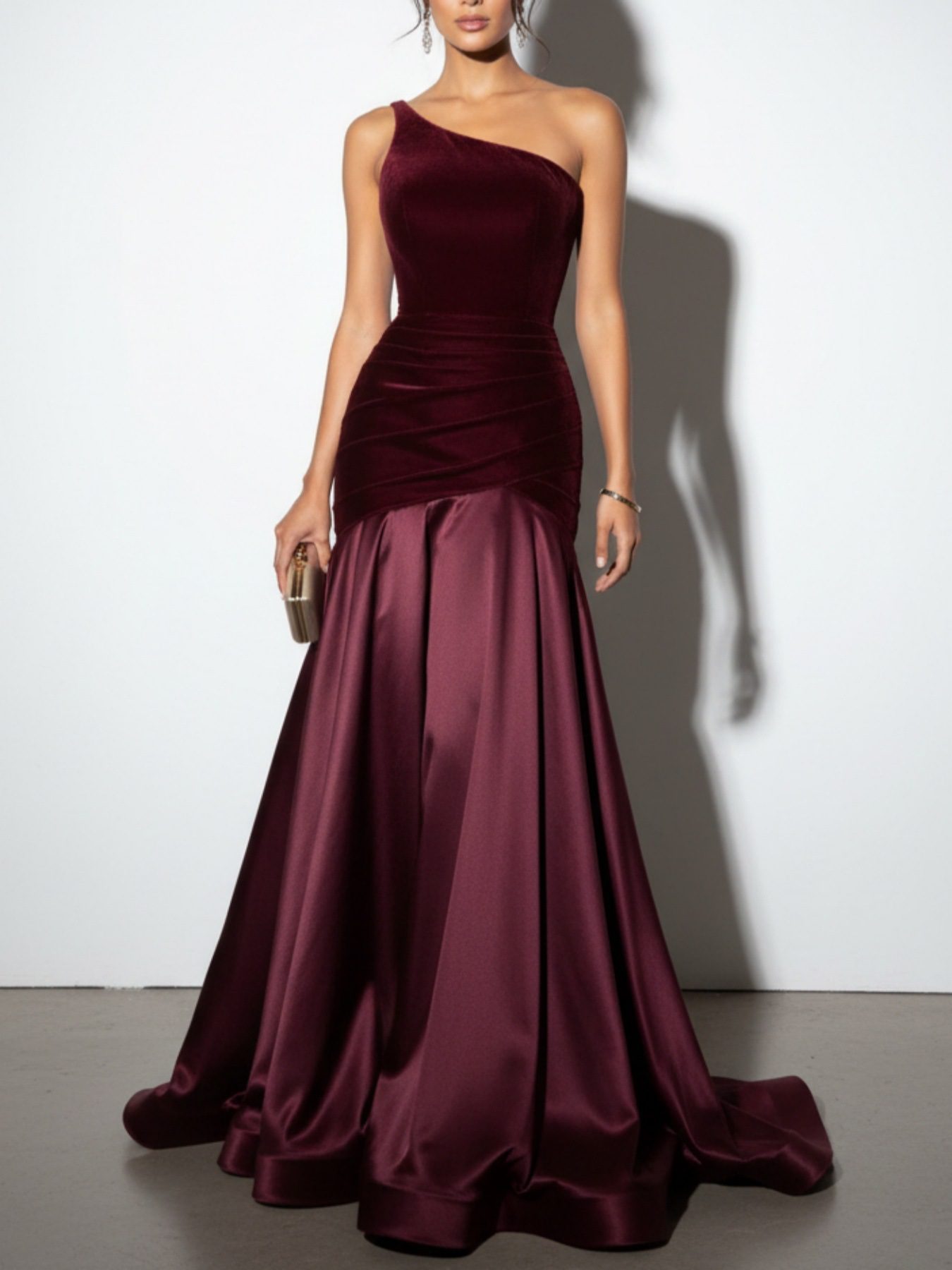 Womens Solid-Color Velvet Patchwork Evening Dress