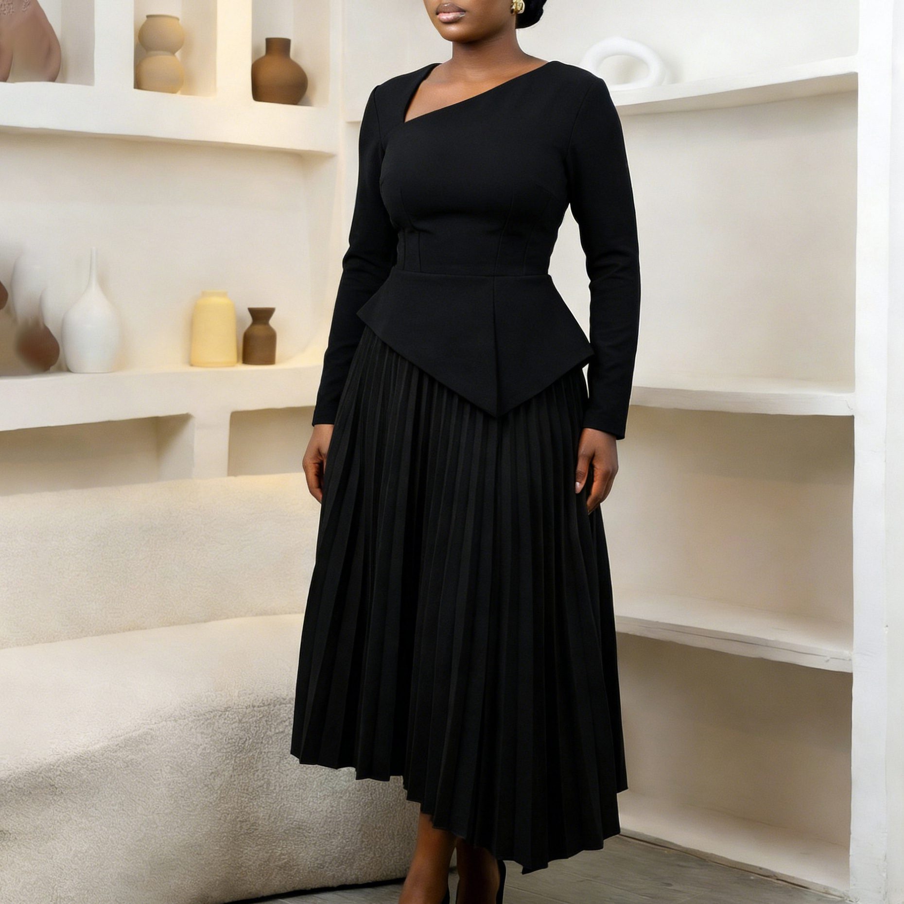 Asymmetrical Neck High Waisted Midi Dress