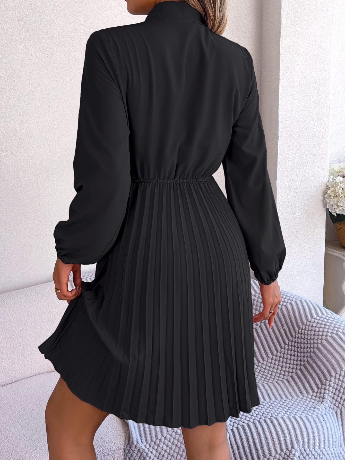 Women's Elegant Tie Waist Long Sleeve Pleated Skirt