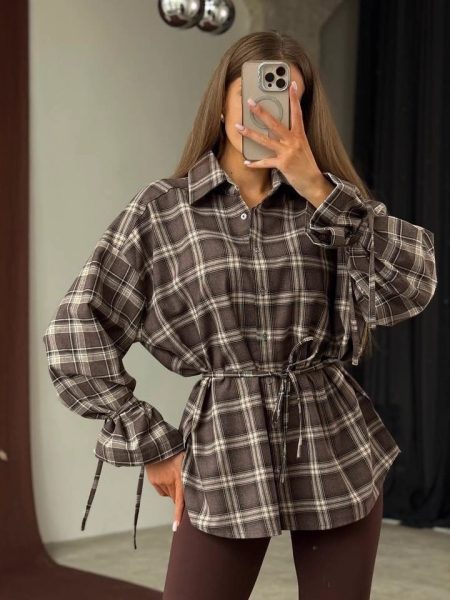 Womens Retro Plaid Shirt Jacket With Long Sleeves
